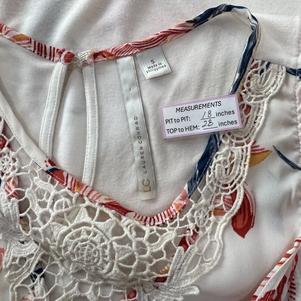 Lauren Conrad Women Sz S Ivory Tank Tunic Floral Print Crochet Neck Sleeveless - Picture 5 of 7